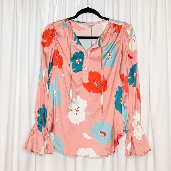 Tucker NYC Juliette Blouse Blush Mint Poppies in Silk Stretch Charmeuse Top - Picture 1 of 9
